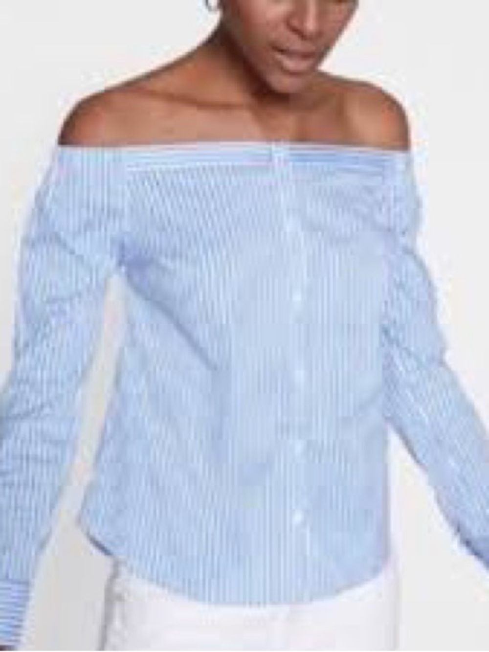 Express Light Blue Stripe Off-the-Shoulder Button-Down Top
